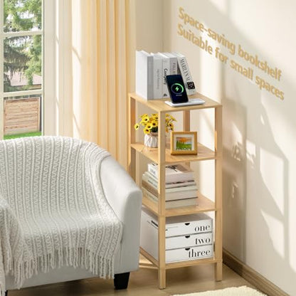 YUFAM 4-Tier Tall Slim Bookshelf, Small Bookcase for Small Spaces, Wood - color: Natural, size: 4-Tier