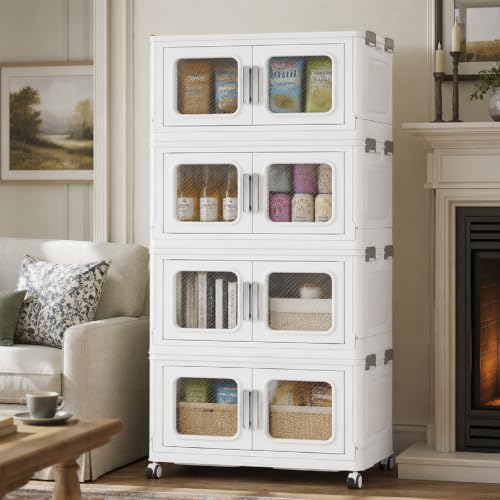 BROVIEW 200 Qt Extra Large Stackable Storage Bin with Lids, 4 Pack White | 50Gal Extra Large, Collapsible Storage Boxes with 4 Lids, Folding& Rolling Plastic Drawer, Heavy-Duty Cabinet Organization - color: White, size: 50QT-4pack