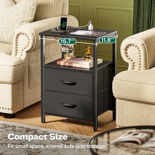Huuger Night Stand with Charger Station and LED Lights, 2 Drawer Nightstand | Bed Side Table with Open ShelfEnd TableFabric Drawers for Bedroom, Black - color: Black, size: 11.8"D x 15.7"W x 23.6"H（2 Drawers）
