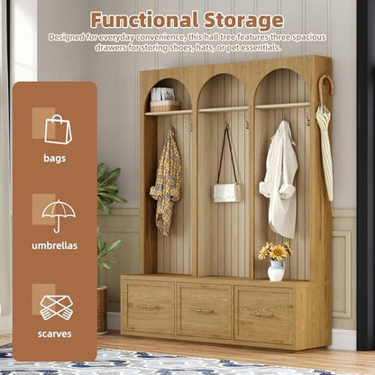 JIVOIT Farmhouse Hall Tree with Three Arched Design, All-in-One Design Wooden Coat Rack & Shoe Organizer with 3 Drawers, 59" Wide Entryway Bench with 8 Retro Hooks for Mudroom, Living Room - color: Oak//538