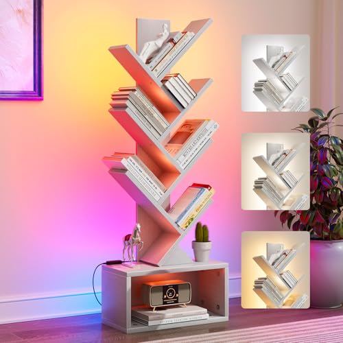 Evermagin 6 Tier Tree Bookshelf with Lights, LED Book Tree Bookcase | White with Storage Organizer, Small Corner Bookshelf Floor Standing Book Shelf for Living Room, Bedroom & Home Office - color: White