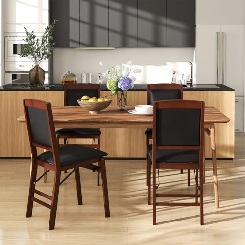 Giantex Folding Dining Chairs Set of 4, Foldable Wood Kitchen Chairs with Padded Seat, Solid Wood Frame, Max Load 400 Lbs, No Assembly Easy to Store Wooden Dining Chairs for Apartment, Small Space - color: Walnut-padded Back
