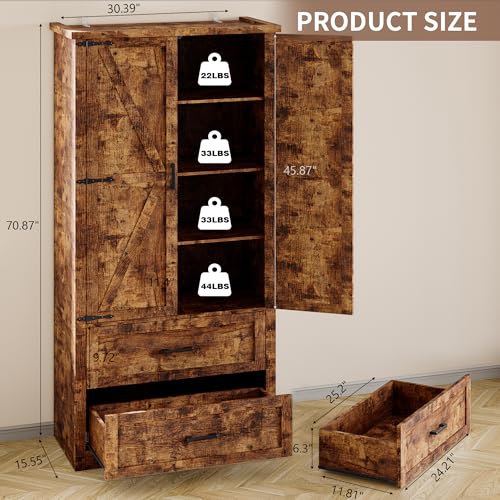 BORNOON Pantry Organizers and Storage Cabinet, 71” Barn Door White Kitchen Cabinet with Drawers and Adjustable Shelf, Tall Pantry for Kitchen, Dining Room, Living Room. Bathroom and Office - color: Brown, size: Double Drawers
