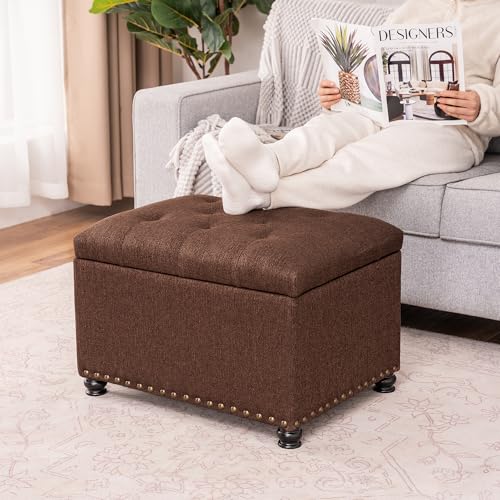 Ottoman with Storage,24" Fabric Ottoman Foot Rest with Hinged Lid Small Rectangle Upholstered Tufted Foot Stools Ottomans for Bedroom Living Room Entryway,Coffee Brown - color: Coffee Brown