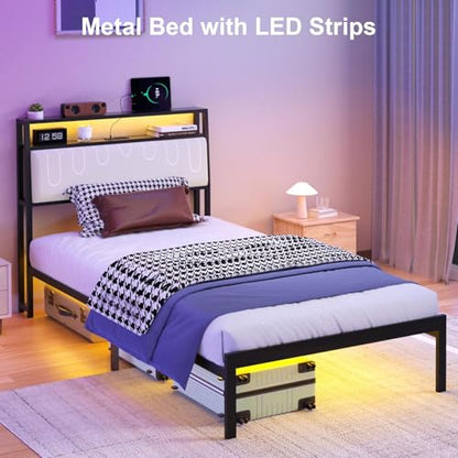 J.Fkne Twin Bed Frames with LED Lights & Charging Station, Metal Platform Frame with Upholstered Headboard, No Box Spring Needed, Noise Free, Easy Assembly - size: Twin, style: Minimalist