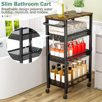 Vivihomety 4-Tier Laundry Utility Rolling Cart with Wheels, Kitchen & Bath | Narrow 8.1" wide, lockable wheels, wood top panel, metal frame, for laundry room, small spaces, pantry, tight gaps, Black - color: Black, size: 8.1 inch wide