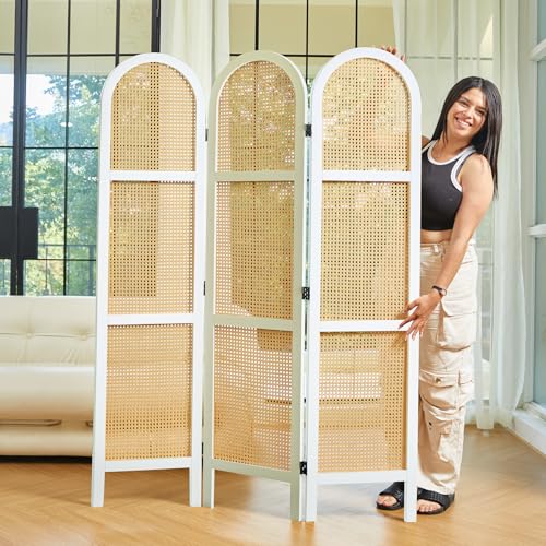 Svimi Room Dividers and Folding Privacy Screens, Pine Wood 5.6 Ft Double Hinged Rattan Partition Freestanding Wall Room Divider for Home - 3 Panels (White) - color: White