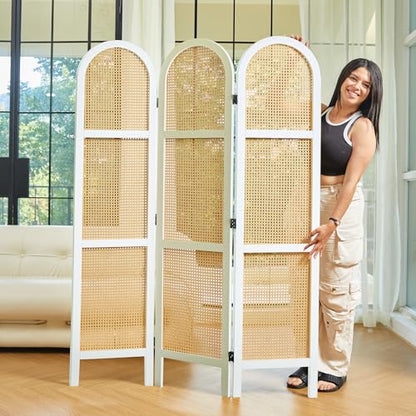 Svimi Room Dividers and Folding Privacy Screens, Pine Wood 5.6 Ft Double Hinged Rattan Partition Freestanding Wall Room Divider for Home - 3 Panels (White) - color: White