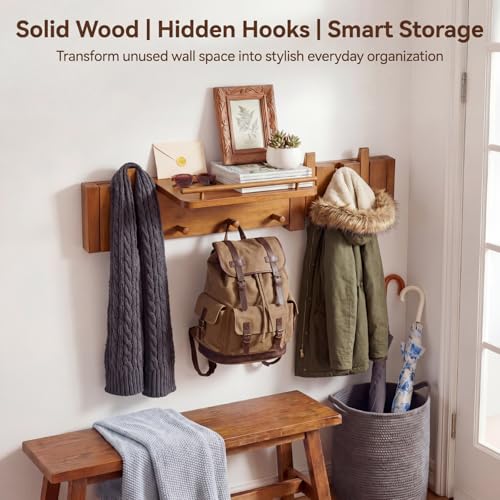 Nuanchu Wall Mounted Coat Rack with Shelf, Walnut Wood Piano Key Hanger with 7 Magnetic Flip Hooks for Entryway Closet Bedroom Bathroom Kitchen