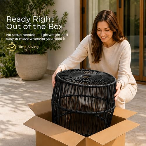 Furniture of America Ysar Boho Rattan Round Coffee Table Outdoor with Metal Frame, All-Weather and Rust Resistant, Handcrafted Coastal Furniture for Patio, Poolside, Garden, Yard, Black - color: Black/18.9 In.