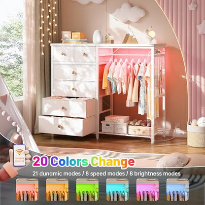 EnHomee 125cm W 드레서, 걸이용 랙 및 서랍 6개, 그리드 패널 및 후크 4개 포함 | LED 조명 및 충전 스테이션, 침실용 나무 상단 정리 유닛, 스틸 프레임이 있는 서랍장, 화이트 - color: 화이트.