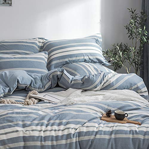 BISELINA Bedding Duvet Cover Set 100% Washed Cotton Linen Like Textured Yarn Dyed Horizontal Stripes Reversible Breathable Soft Comfy Chic Bedding (King, Button Closure Blue) - color: Button Closure - Blue, size: King
