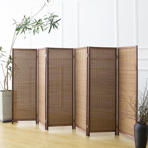 6 Panel Short Room Divider Screen,Brown Freestanding Partition,Small Bamboo Panel Divider for Room Seperation,3.95 FT Tall - color: Brown, size: 6 Panel