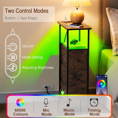 Narrow End Table with Charging Station, Small Nightstand | Skinny Side Tables Living Room with 3 Fabric Drawers, Slim Bedside Table with LED Lights for Bedroom, Small Spaces, Brown - color: Rustic Brown, size: 27.55''H (3 Drawers), style: Power + Light