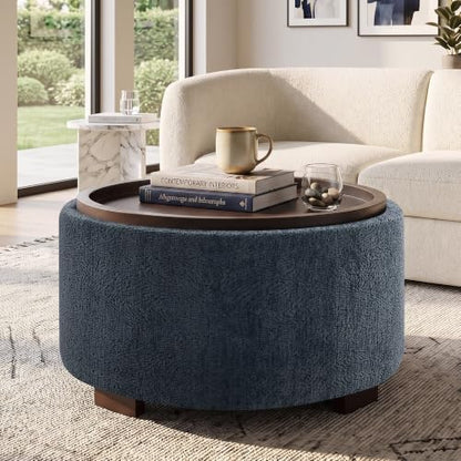Zihanhome 30" Round Storage Ottoman Coffee Table with Removable Tray Top, Large Hidden Storage Ottoman, Solid Wood Legs for Living Room, Bedroom, Apartment (Blue Striped) - color: Blue Striped