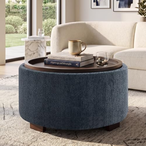 Zihanhome 30" Round Storage Ottoman Coffee Table with Removable Tray Top, Large Hidden Storage Ottoman, Solid Wood Legs for Living Room, Bedroom, Apartment (Blue Striped) - color: Blue Striped
