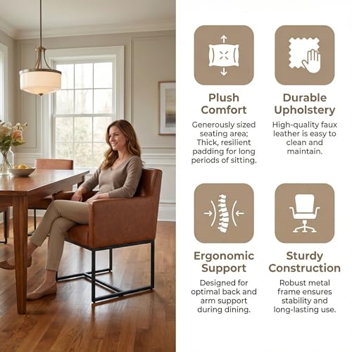 Faux Leather Upholstered Dining Chairs with Arms Set of 2, Mid Century Modern Padded Kitchen Chair with Black Metal Frame for Restaurant, Dining Room, Brown - color: Brown