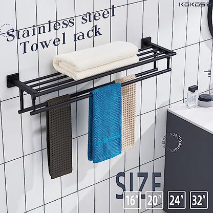 KOKOSIRI Bath Towel Rack with Double Towel Bars 32-Inch Bathroom Towel Shelves Towel Holder Wall Mounted Stainless Steel, Matte Black, B6005BK-L32 - color: Matte Black, size: 32 Inch