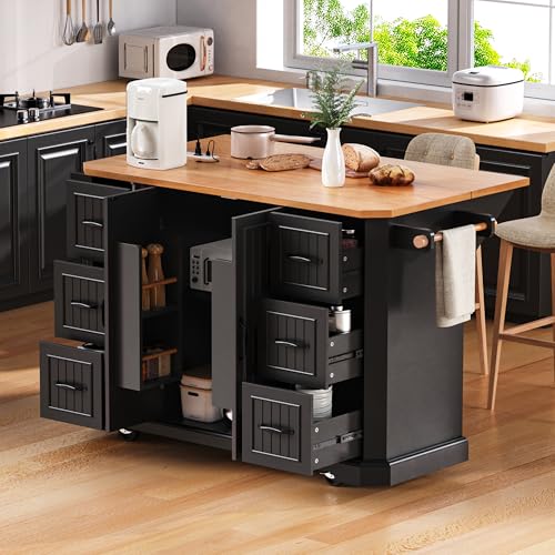Rustic Rolling Kitchen Island with Drop Leaf, Built-in Charging Station & 6 Deep Drawers, 47" Farmhouse Mobile Cart for Dormitories, Offices, Bedrooms (Black/R1) - color: Black/R1