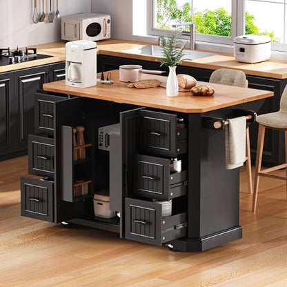 Rustic Rolling Kitchen Island with Drop Leaf, Built-in Charging Station & 6 Deep Drawers, 47" Farmhouse Mobile Cart for Dormitories, Offices, Bedrooms (Black/R1) - color: Black/R1