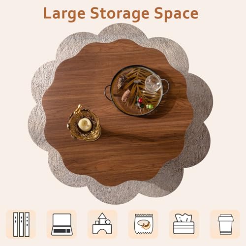 Modern Scalloped Coffee Table 31.5" Round Wood Center Table Wave-Shape Coffee Tea Tables with Pedestal Base for Living Room Apartment Small Space (Walnut) - color: Walnut
