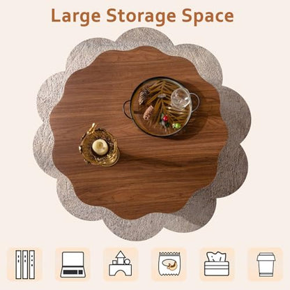 Modern Scalloped Coffee Table 31.5" Round Wood Center Table Wave-Shape Coffee Tea Tables with Pedestal Base for Living Room Apartment Small Space (Walnut) - color: Walnut