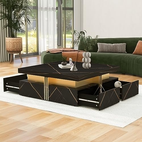 Modern Black Square Storage Coffee Table with 4 Drawers for Living Room - color: Black1