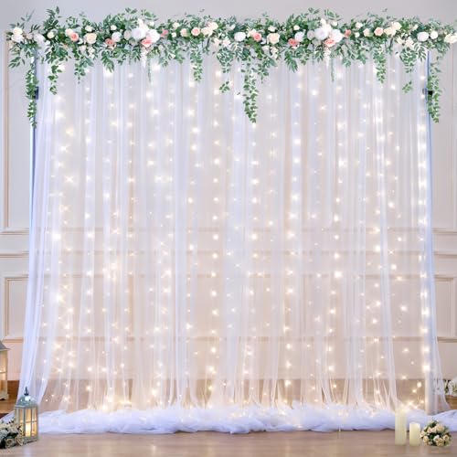 White Tulle Backdrop Curtain with Lights String for Parties Wedding Bridal Shower Sheer White Curtain Backdrop for Birthday Baby Shower Photo Booth Photography Background Decorations 10ft x 8ft - color: White, size: 10ft x 8ft ( 5ft(W) x 8ft(H), 2 panels