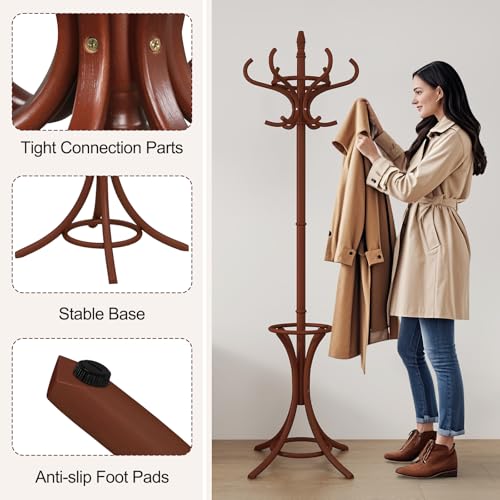 Giantex Solid Wood Coat Rack, Freestanding Hanger Stand w/12 Hooks, Umbrella Holder, Entryway Hall Tree for Coat, Hats, Scarves, Bags, Wooden Garment Rack for Bedroom, Hallway (Reddish Brown) - color: Reddish Brown