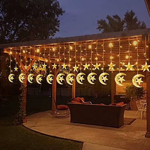 Ramadan Decorations for Home,138 LED Upgraded Extra Large Star Moon Curtain Lights for Kids Bedroom Decor,USB Powered 8 Modes Remote LED Fairy Lights for Ramadan Window Wedding Christmas Decor