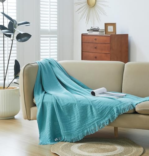 100% Cotton Muslin Throw Blanket for Bed, Couch, Small, Decorative, Soft, Pre-Washed, Breathable and Lightweight Gauze Blanket with Fringes(Teal, 50"x60") - color: Teal