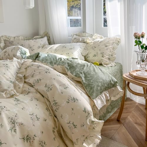 MKXI Botanical Floral Duvet Cover Twin Beige Girls Floral Ruffled Bedding Set Cottagecore Flower Comforter Cover Green Reversible Aesthetic Bed Set Cotton Elegant Style Students Duvet Cover - color: 001 Ruffle- Green Beige Botanical, size: Twin
