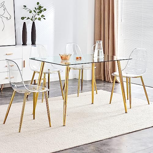 Baysitone Clear Dining Chairs Set of 4, Modern Kitchen Chairs with Transparent Seat, Acrylic Accent Side Chairs with Plating Metal Legs for Dining Room, Kitchen, Living Room with Gold - color: Golden, size: Set of 4