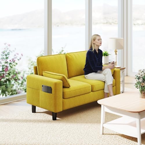 KINTNESS 56” Modern Loveseat Sofa, 2-Seater Sofa Couch with Deep Seat & Armrest Pillow, Sectional Sofa Loveseat for Bedroom, Living Room, Removable Covers, Ergonomic Height, Non-Slip, Yellow - size: 2 seater