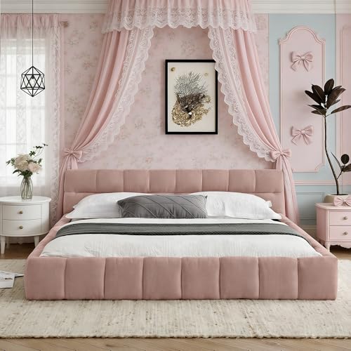 Chenille Fabric Upholstered Platform Bed Frame with Soft Headboard, Modern Low Profile Grounded Design, No Box Spring Needed, Sturdy MDF & Wood Frame, Neutral Style (Pink, King (U.S. Standard)) - color: Pink, size: King (U.S. Standard)