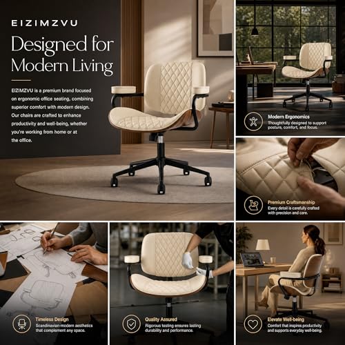 Home Office Desk Chair with Wheels, Armless Adjustable Height PU Leather Office Chair, Mid Back Ergonomic Computer Chair, Walnut Curved Seat Design No-Arm Chair (GX-9006-Armrests-White) - color: Gx-9006-armrests-white