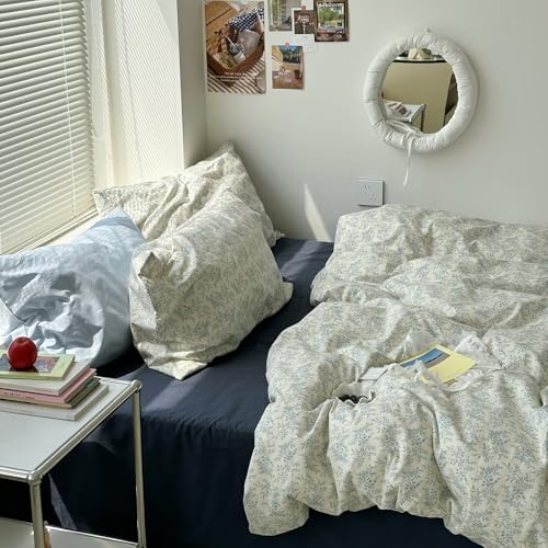 MKXI Twin Duvet Cover Set Blue White Floral Print - Vintage Chinoiserie Boho Comforter Cover with Pillowcases, 100% Cotton Coastal Bedding for Bohemian & Transitional Style Bedroom - color: 003 Blue Floral, size: Twin
