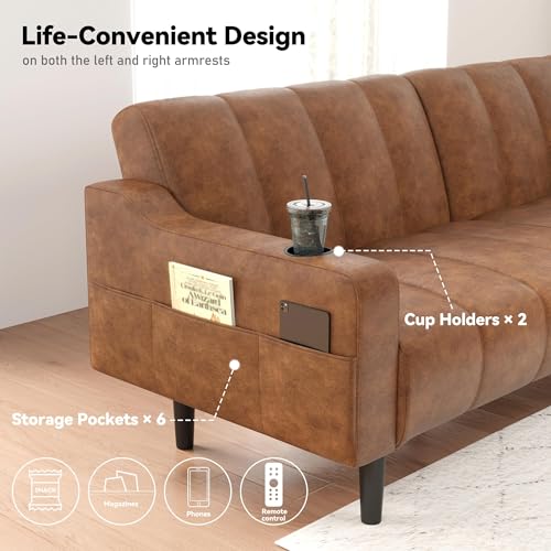 80'' Futon Sofa Bed, Faux Leather Sleeper Couch, Convertible Loveseat with Adjustable Sofa Backrest, Modern Couches for Living Room, Bed Room, Apartment, Office (Light Brown) - color: Faux Leather Light Brown