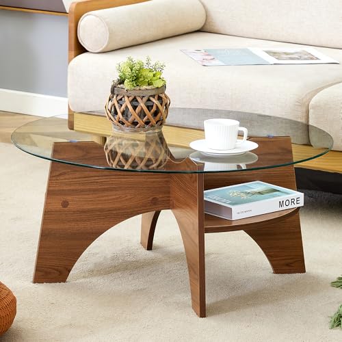 31.5" Round Glass Coffee Table with Tempered Glass Top and MDF Base, Diagonal Fan-Shaped Tray Design Table Leg Simple & Modern Center Table for Living Room Office Apartment Walnut - color: D-5, size: Round
