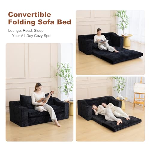 61" Boneless Loveseat Sleeper, Folding Sofa Bed, Diamond Velvet Cover,Black | Memory Foam Pull Out Futon Bed with Removable Washable Cover, Space-Saving Fold Out Couch for Living Room & Guest Room - color: Black