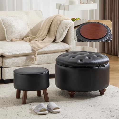 24Inch Round Storage Ottoman, Set of 2, Modern PU Leather Coffee Table with Removable Top, Upholstered Ottoman with Storage Footrest Stool for Living Room, Bedroom (Black) - color: Black