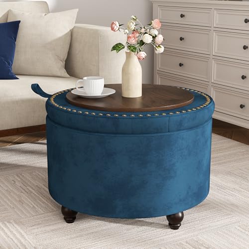 24 Inch Round Storage Ottoman,Modern Tufted Ottomans,Circular Coffee Table with Removable Top,Upholstered Large Ottoman with Storage Footrest Stool for Bedroom Living Room (Blue) - color: Blue, size: 24"D x 24"W x 16.9"H
