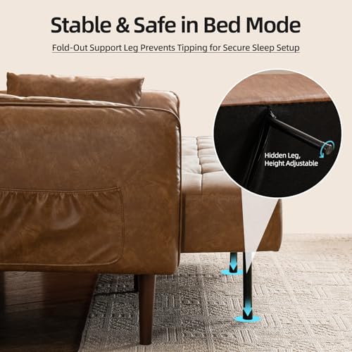 HALLYBEE 85" Futon Faux Leather Couch with Adjustable Armrests Brown | Futon Sofa Bed, Sleeper Sofa, Small Couch with Pillows, Side Pockets, Mid Century Modern, Living Room, Bedroom, Apartment - color: Brown