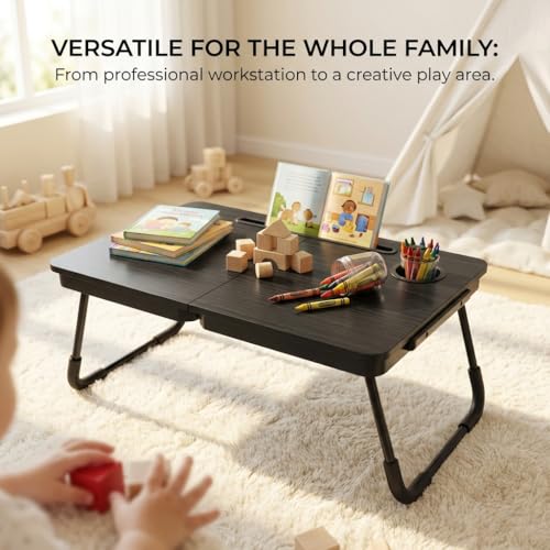 BUYIFY 23.4" Foldable Lap Desk Bed Table with Cup Holder Tray Black | Portable Folds Flat for Easy Storage, No Assembly Laptop Bed Desk, Sturdy and Lightweight, Patent Design - color: Black