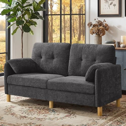 Mid Century Modern Couch, 65" Loveseat Sofa, Dark Grey | Storage Pockets, Upholstered Small Loveseat for Small Spaces, Bedroom, Home Office, Apartments - color: Dark Grey