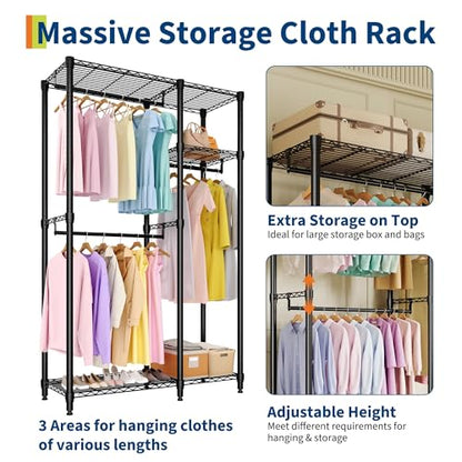 Freestanding Heavy Duty Garment Rack, Large, Black | Adjustable Shelves and Hanging Rods, 700 Lbs Capacity, Portable Closet Organizer, For Bedroom or Cloakroom Storage - size: 41.6"D x 15.5"W x 76.5"H