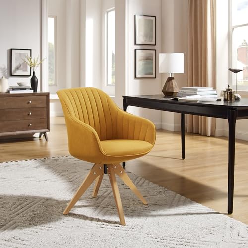 Swivel Desk Chair for Home Office, Fabric, Yellow | No Wheels, Beech Wood Legs, Mid Century Modern, Upholstered, 360° Swivel, Accent Chair, Living Room, Bedroom - color: Yellow/Beech Wood, size: Fabric