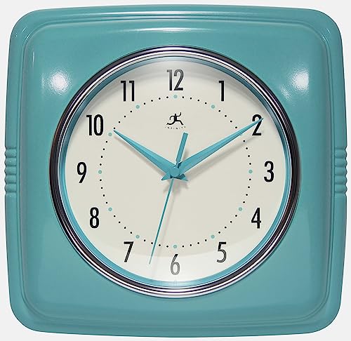 Infinity Instruments Retro – 9-Inch Square Silent Non-Ticking Mid-Century Modern Wall Clock – Vintage Decorative Timepiece for Kitchen, Office, or Diner – Turquoise - color: Turquoise
