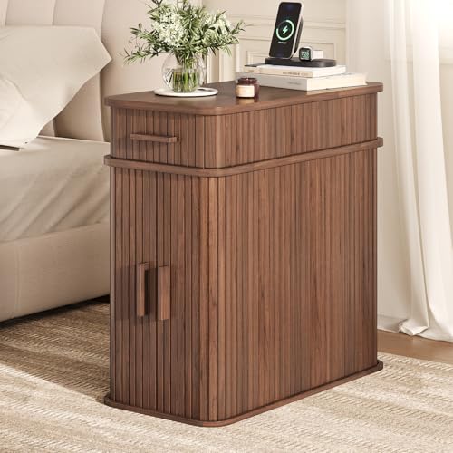 Side End Table with Charging Station, Slim Nightstand with Drawer, Mid-Century Wood Skinny Bedside Table with Storage, Narrow Side Tables for Small Space Living Room Bedroom Office Sofa Couch Walnut - color: Walnut