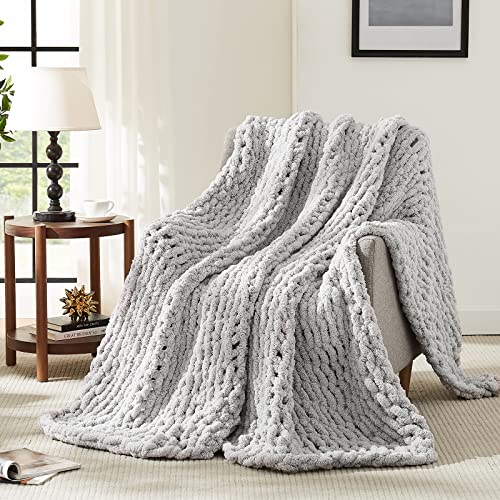 L'AGRATY Chunky Knit Throw Blanket for Couch, 72'' x 84'' Knit Throw, Grey | Handmade Chenille Crochet Blanket for Sofa Bed, Thick Cable Knitted Blankets for Room Home Decor, Birthday Gift for Women Mom - color: Grey, size: 72"x84"